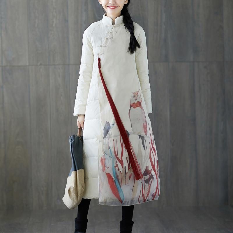 Dikke Witte Donsjas Met Print Plus Maat Opstaande Kraag Patchwork Casual Chinese Button-down Jas - Dames donsjacks