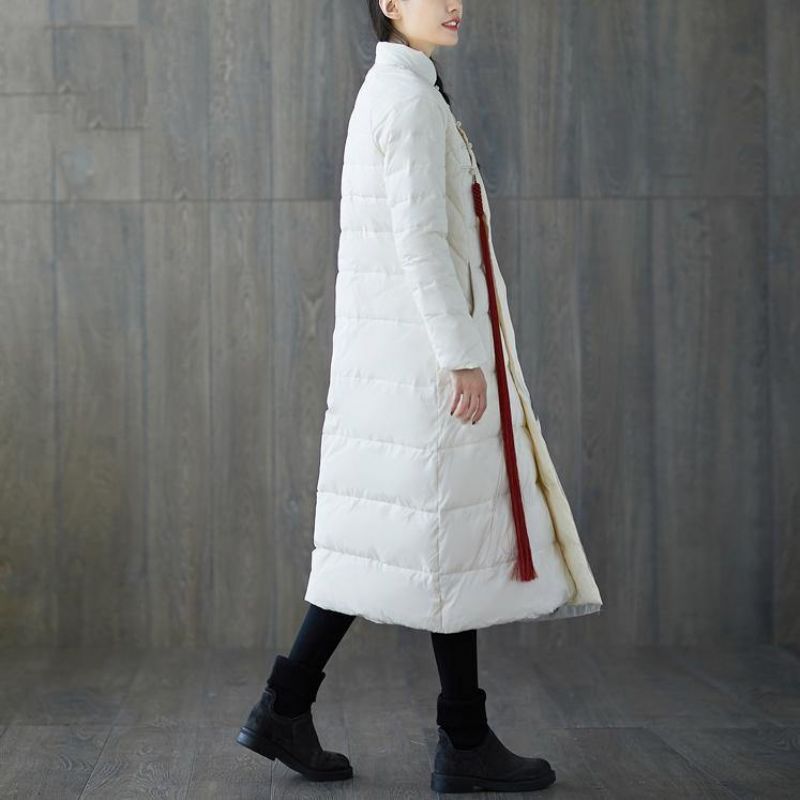 Dikke Witte Donsjas Met Print Plus Maat Opstaande Kraag Patchwork Casual Chinese Button-down Jas - Dames donsjacks