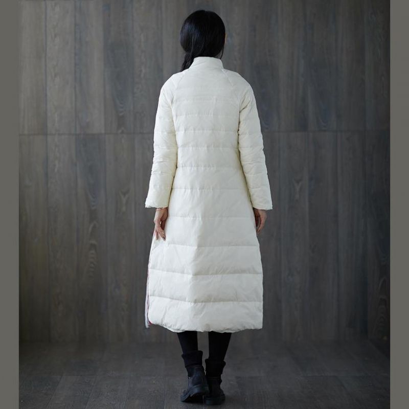 Dikke Witte Donsjas Met Print Plus Maat Opstaande Kraag Patchwork Casual Chinese Button-down Jas - Dames donsjacks
