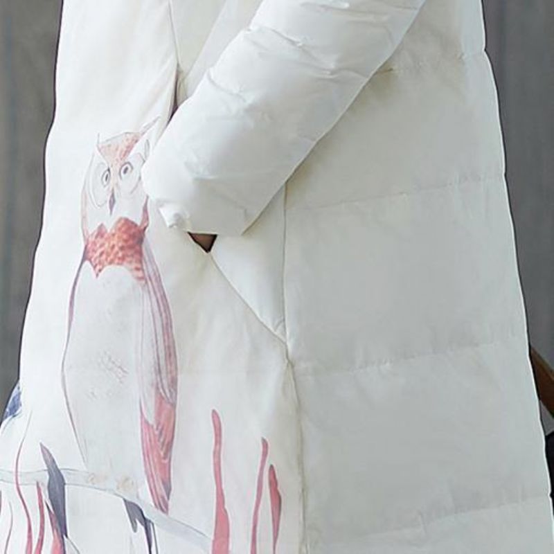 Dikke Witte Donsjas Met Print Plus Maat Opstaande Kraag Patchwork Casual Chinese Button-down Jas - Dames donsjacks