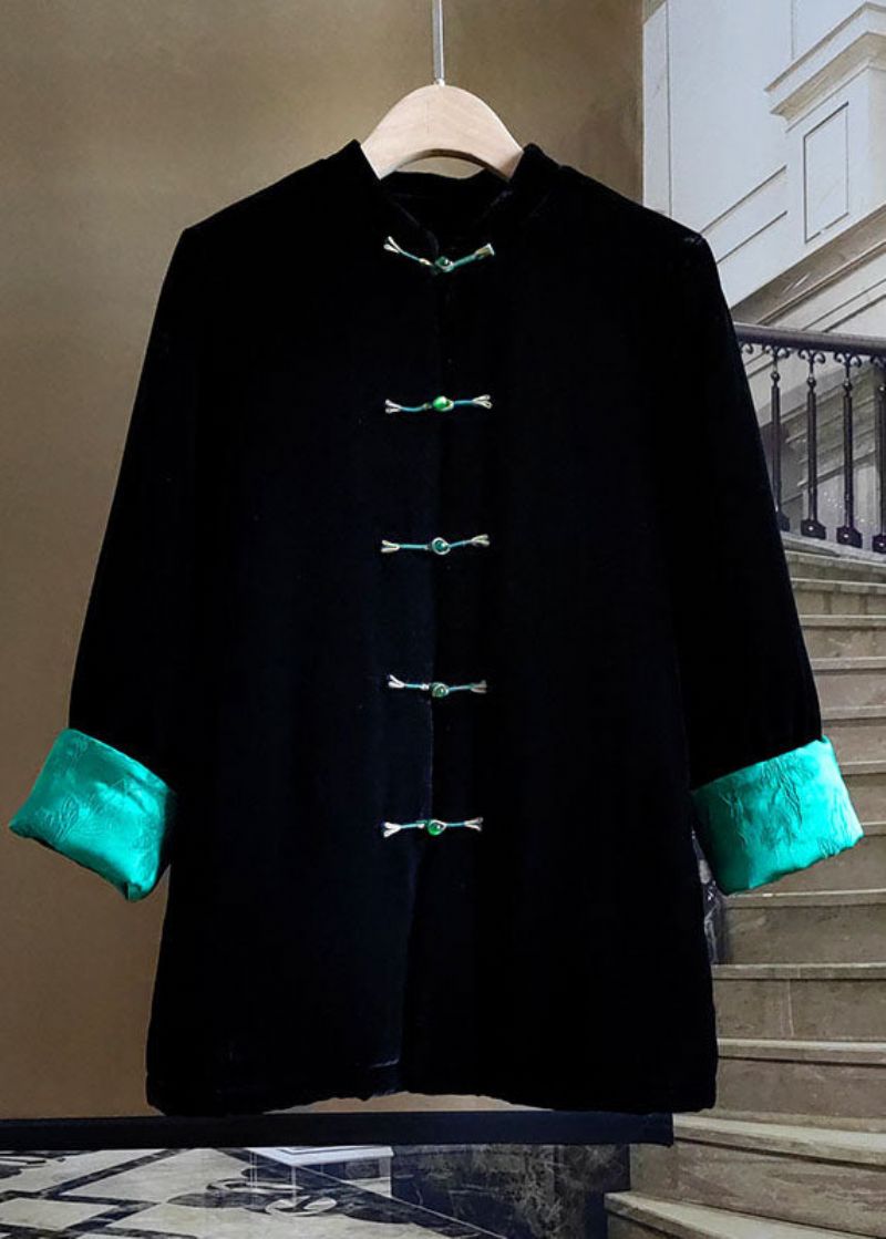 Eenvoudige Zwarte Opstaande Kraag Patchwork Zijde Velours Fijn Katoen Gevulde Jassen Winter