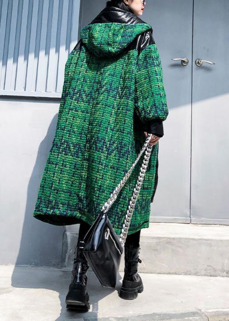 Elegante Groene Wollen Jassen Loszittende Halflange Jas Patchwork Uitloper Met Capuchon - Dames donsjacks