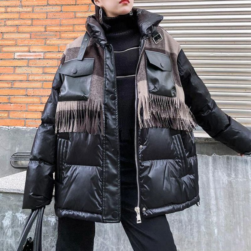 Elegante Grote Maten Sneeuwjassen Winterjassen Zwarte Patchwork Geruite Reversjas
