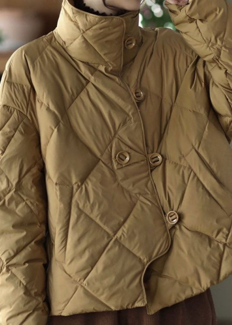 Elegante Kaki Opstaande Kraag Oversized Eendendons Pufferjack Met Knopen Winter - Dames donsjacks