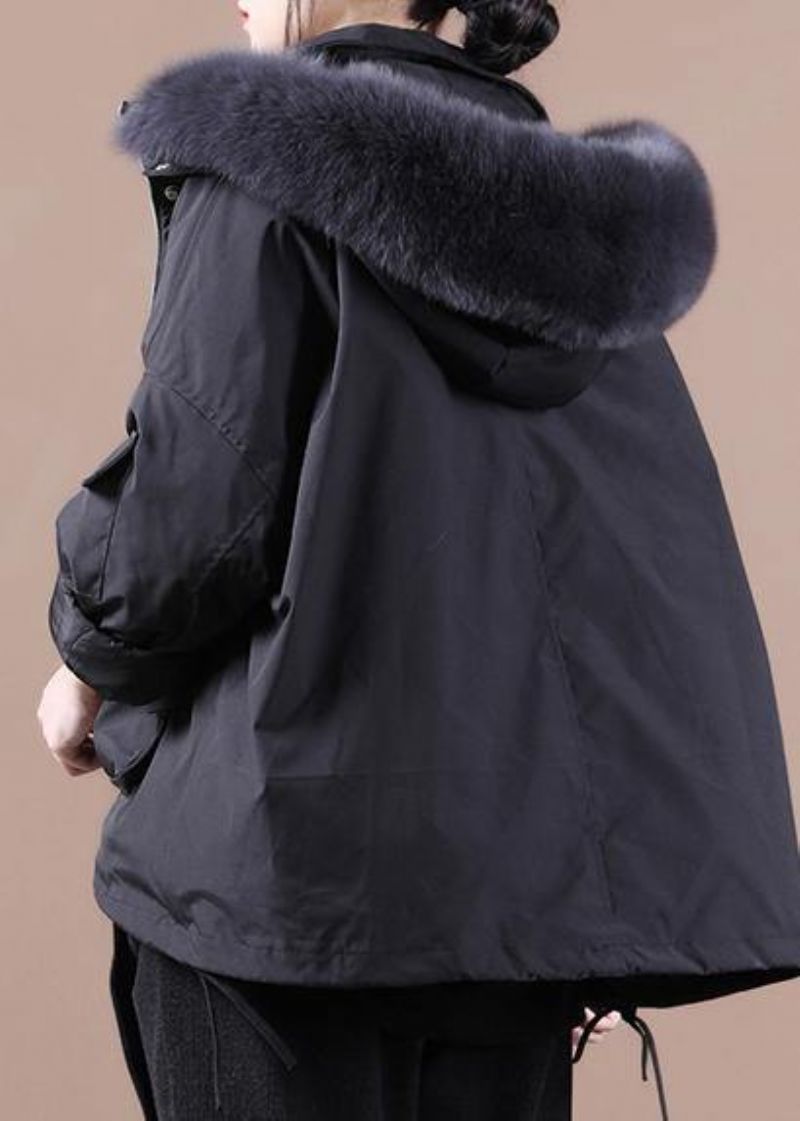 Fijn Plus Size Donsjack Overjas Zwarte Bontkraag Met Capuchon Ganzendonsjas - Zwart