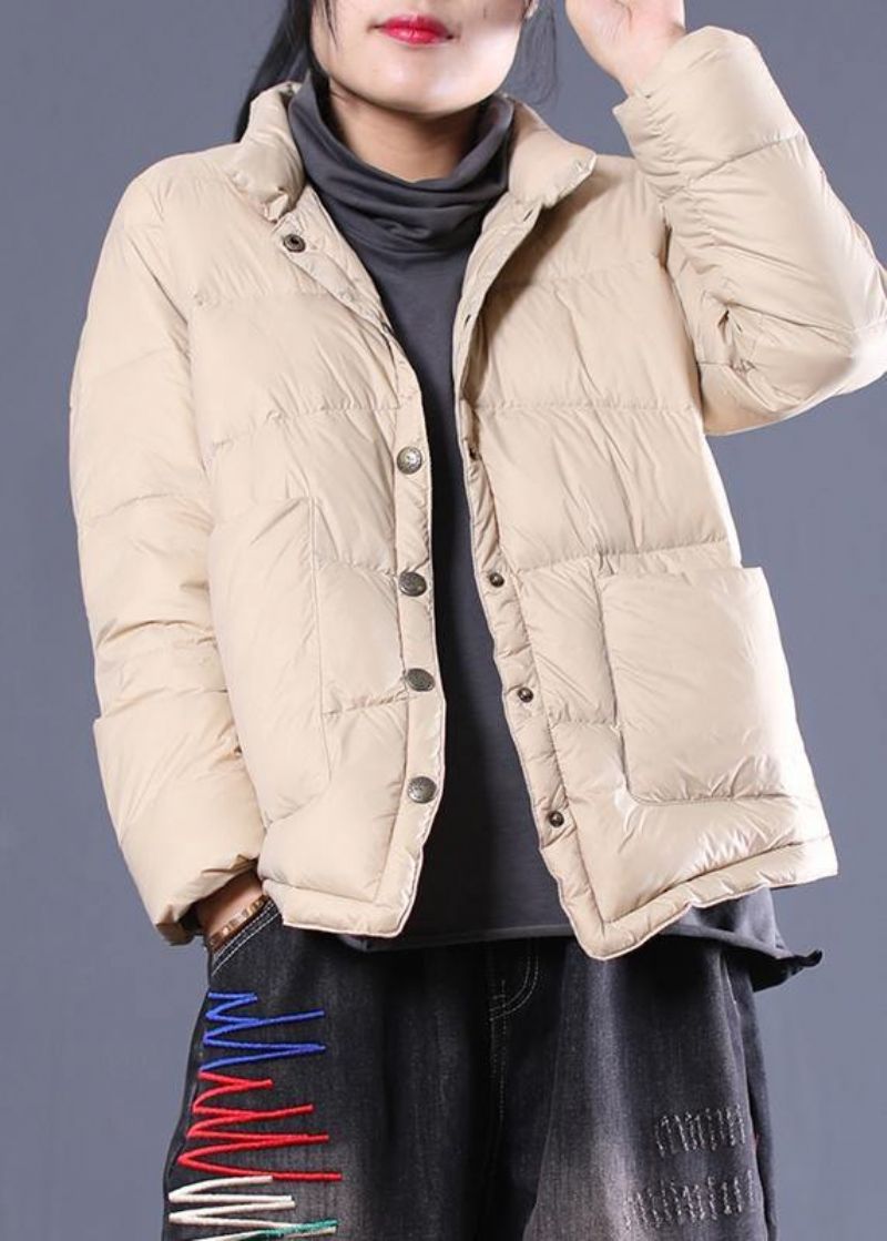 Fijne Dames Parka Overjas Beige Opstaande Kraag Warme Winterjas