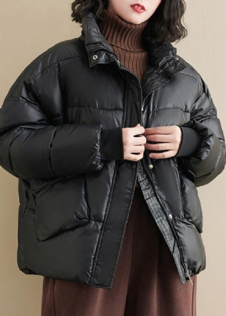 Fijne Oversized Winteroutwear Zwarte Patchwork Warme Jas Met Opstaande Kraag