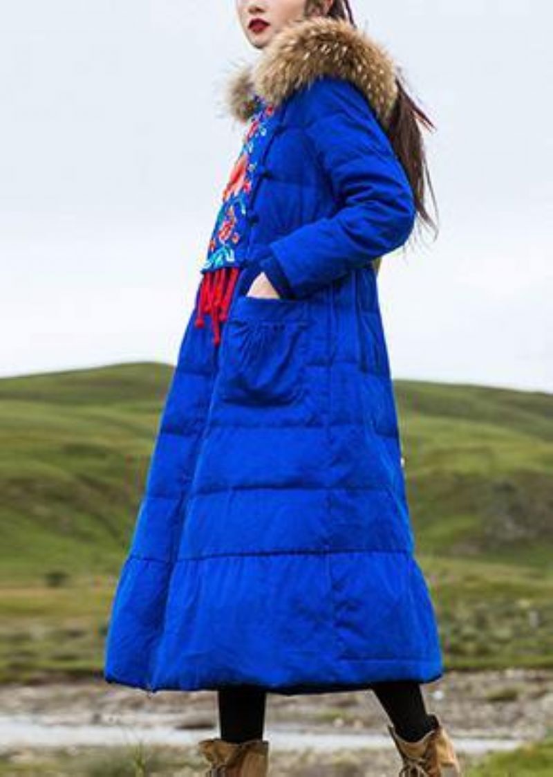 Fijne Plus Size Dames Parka Borduurjas Blauwe Ganzendonsjas Met Capuchon - Dames donsjacks