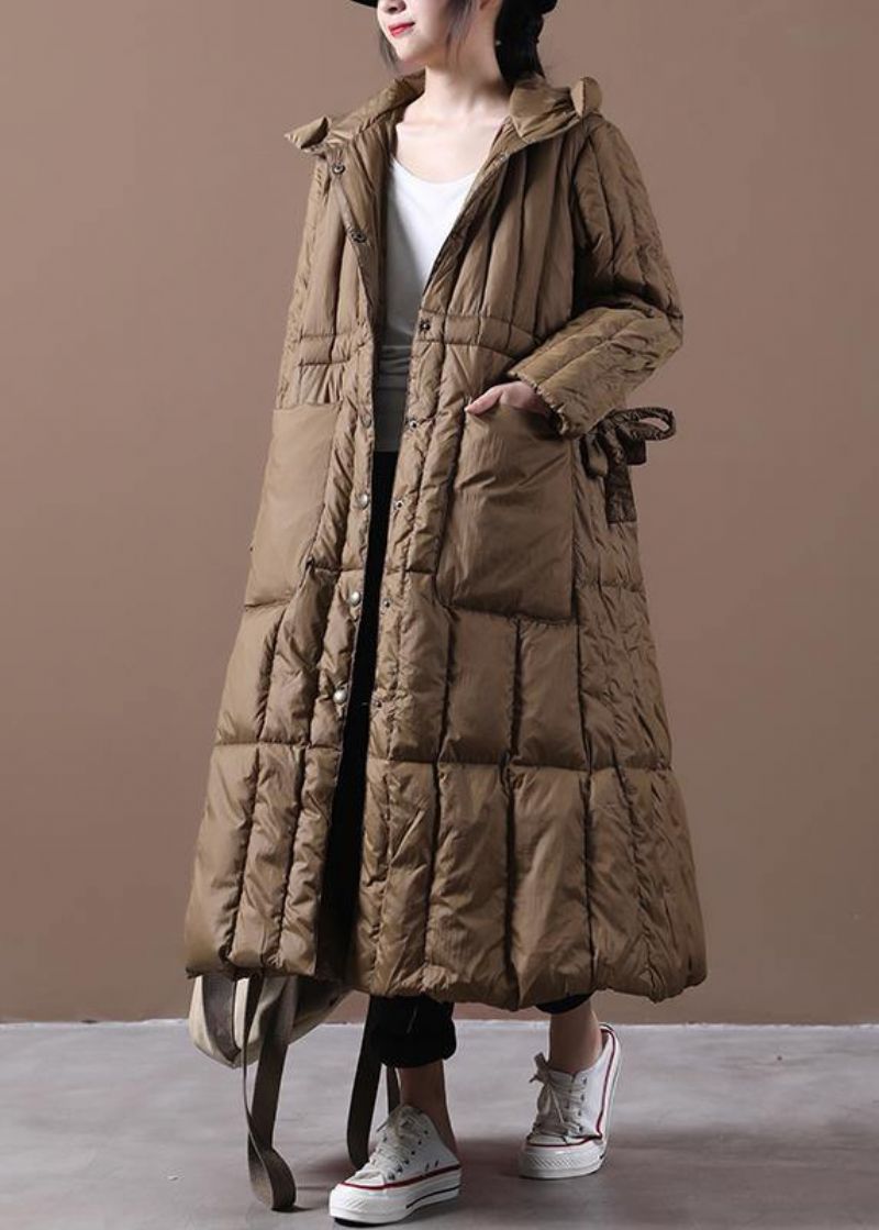 Fijne Plus Size Winterwinterjas Chocolade Ganzendonsjas Met Zakken Met Capuchon