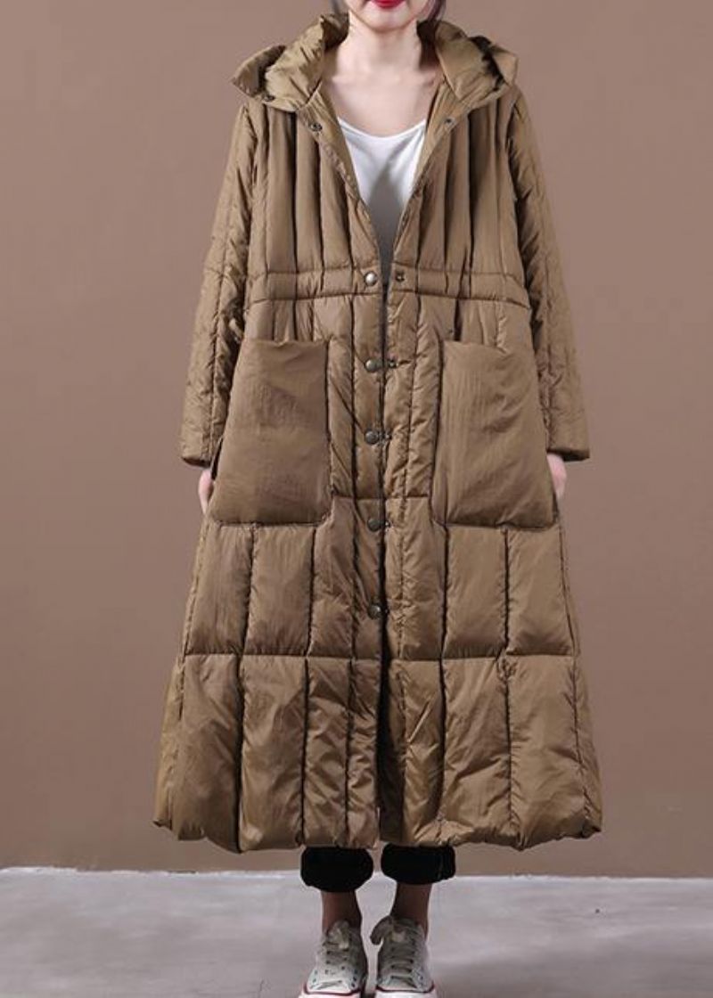 Fijne Plus Size Winterwinterjas Chocolade Ganzendonsjas Met Zakken Met Capuchon - Dames donsjacks