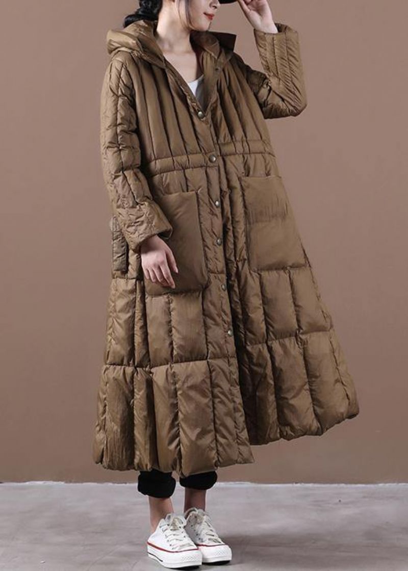 Fijne Plus Size Winterwinterjas Chocolade Ganzendonsjas Met Zakken Met Capuchon - Dames donsjacks