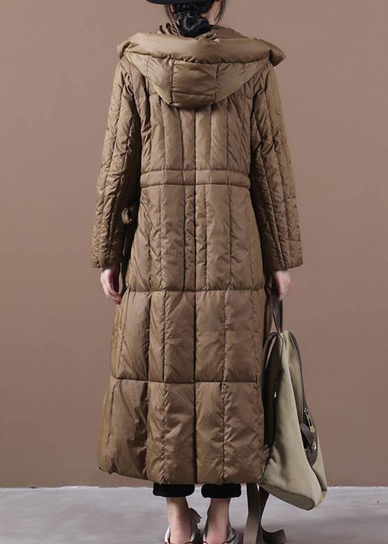 Fijne Plus Size Winterwinterjas Chocolade Ganzendonsjas Met Zakken Met Capuchon - Dames donsjacks