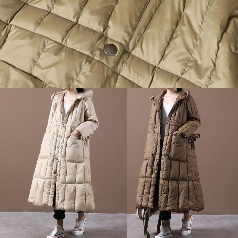 Fijne Plus Size Winterwinterjas Chocolade Ganzendonsjas Met Zakken Met Capuchon - Dames donsjacks