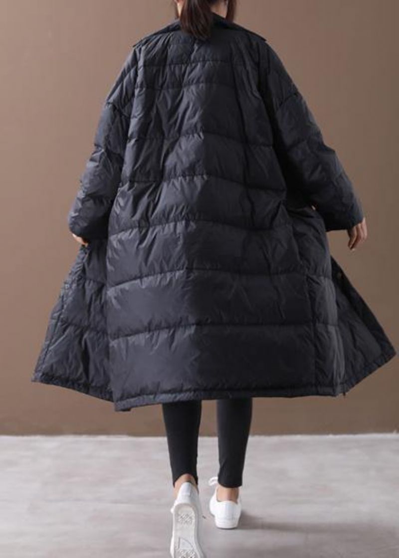 Fijne Zwarte Ganzendonsjas Plus Size Winterjas Opstaande Kraag Overjas Met Grote Zakken - Dames donsjacks