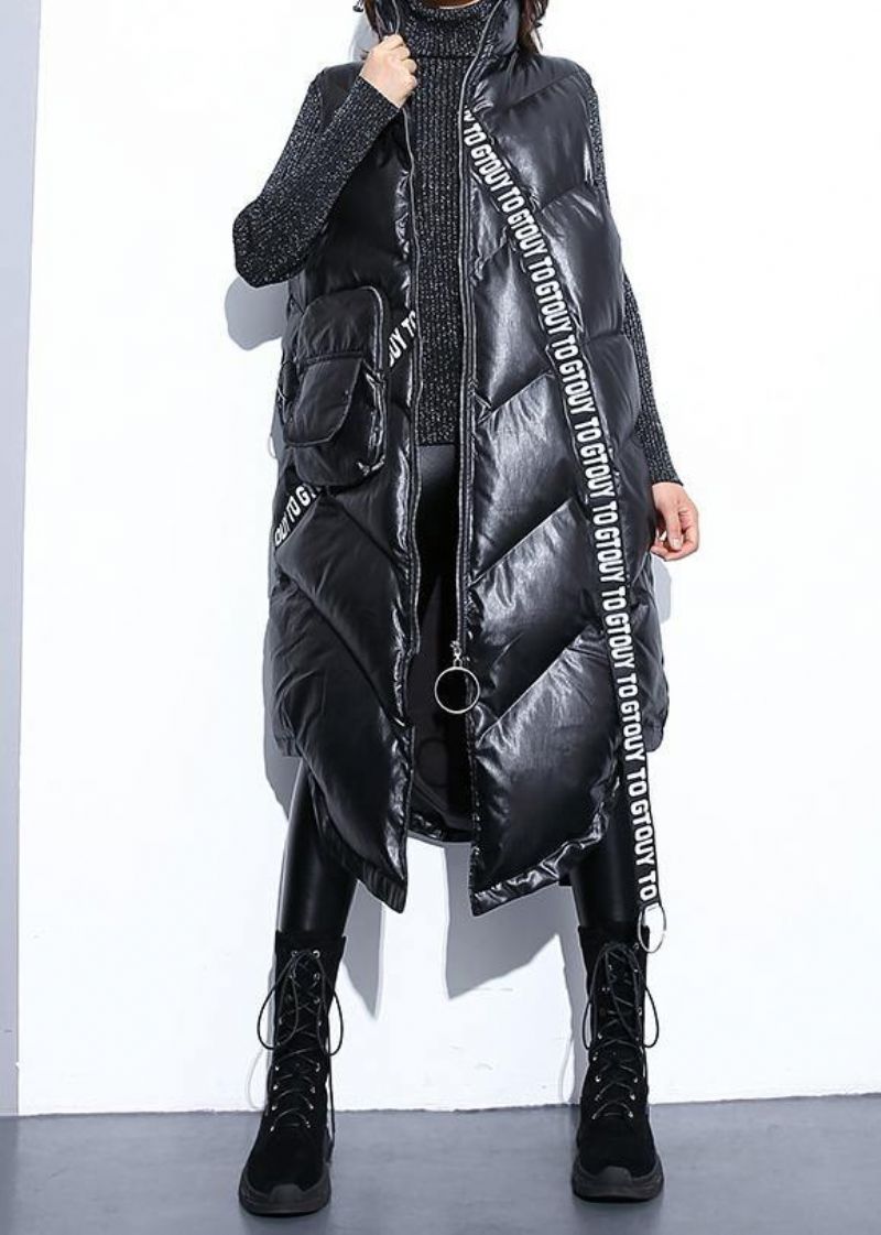 Fijne Zwarte Parka Met Ritssluiting Trendy Plus Size Warme Winterjas Mouwloze Overjas Laag Hoog Ontwerp