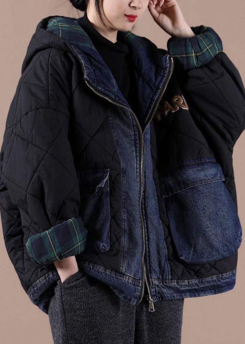 Fijne Zwarte Parka's Voor Dames Loszittende Sneeuwjassen Met Patchwork En Geruite Winterjas Met Capuchon - Zwart