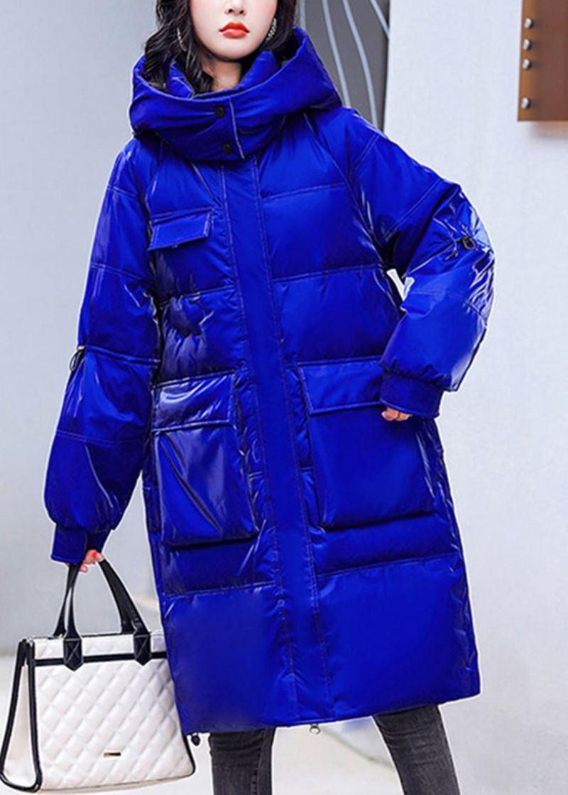 Grote Maten Blauwe Zakken Met Ritssluiting Warme Fleece Heldere Parka Met Lange Mouwen En Capuchon