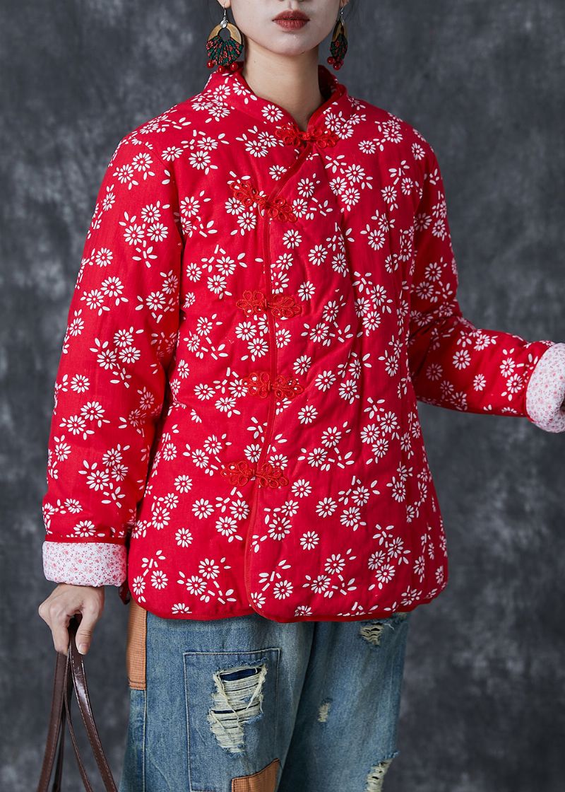 Jasje In Chinese Stijl Met Rode Print Fijn Katoen Knoop Winter - Dames donsjacks