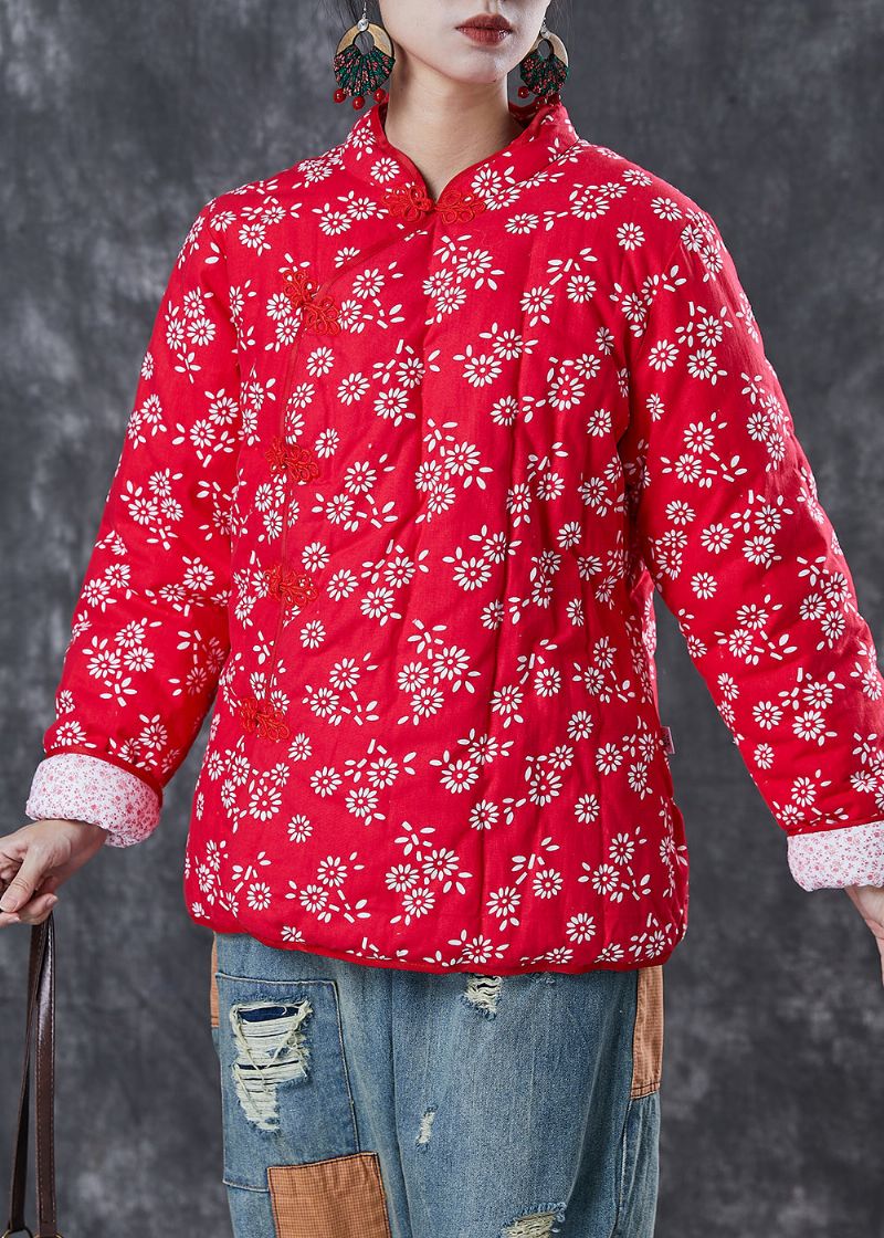Jasje In Chinese Stijl Met Rode Print Fijn Katoen Knoop Winter - Dames donsjacks