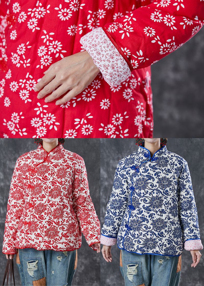 Jasje In Chinese Stijl Met Rode Print Fijn Katoen Knoop Winter - Dames donsjacks