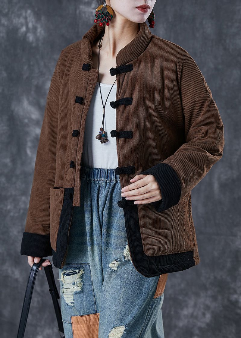Koffie Patchwork Fijne Katoenen Gevulde Parka Oversized Chinese Knoop Winter - Dames donsjacks