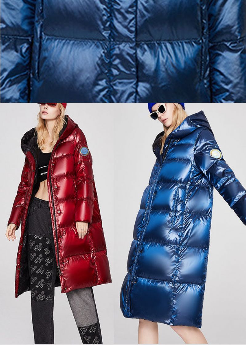 Luxe Blauwe Zakken Met Ritssluiting Losse Winter-eendendonsjas - Blauw