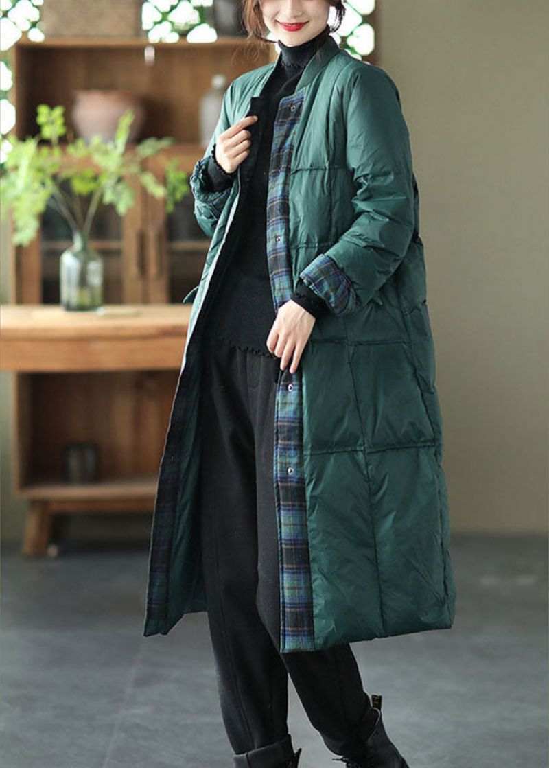 Luxe Groene Opstaande Kraag Knoopzakken Patchwork Winterdonsjas - Dames donsjacks