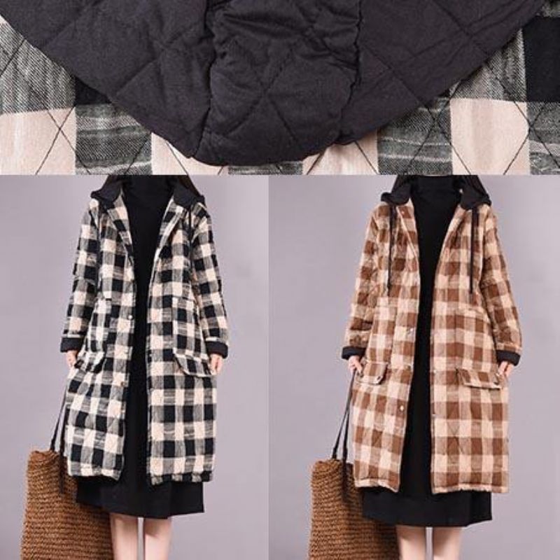 Luxe Oversized Outwear Chocolade Geruite Casual Outfit Met Capuchon En Zakken - Zwart