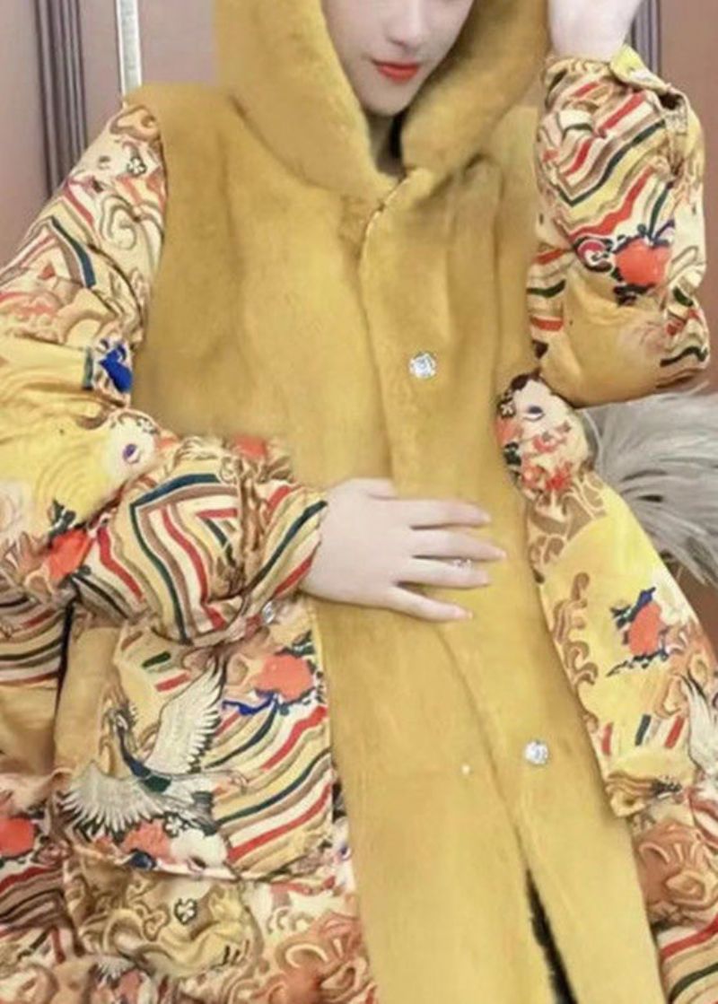 Mode Gele Print Patchwork Knop Namaakbont Dikke Lange Jas Met Capuchon Winter - Geel