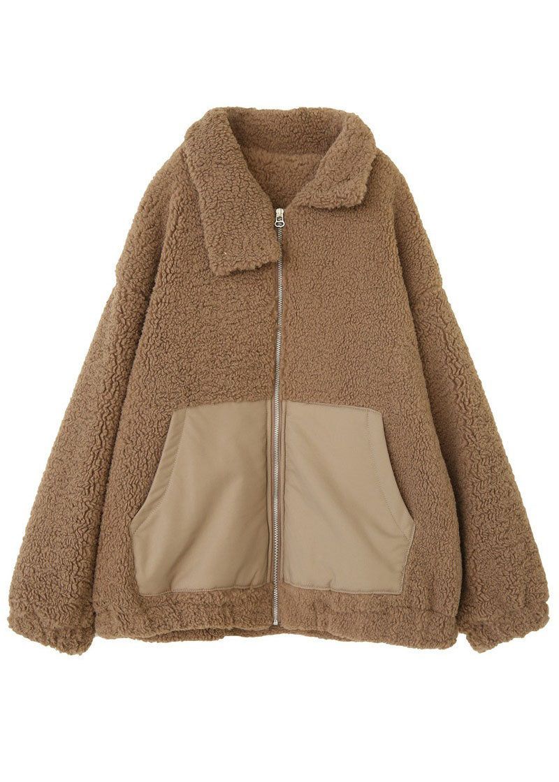 Moderne Kaki Peter Pan Kraag Patchwork Zakken Teddy Nepbont Puffers Jassen Winter - Dames donsjacks