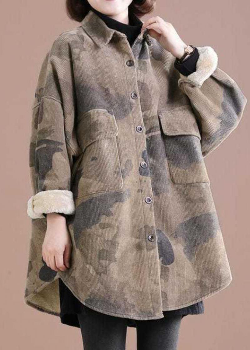 Mooie Grijze Peter Pan Kraag Print Corduroy Winterjas