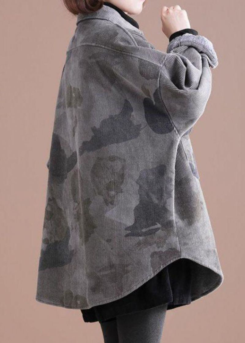 Mooie Grijze Peter Pan Kraag Print Corduroy Winterjas - Grijs