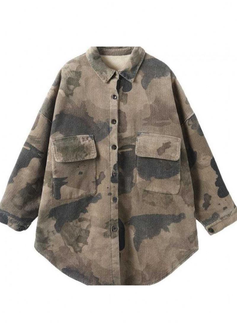 Mooie Grijze Peter Pan Kraag Print Corduroy Winterjas - Grijs