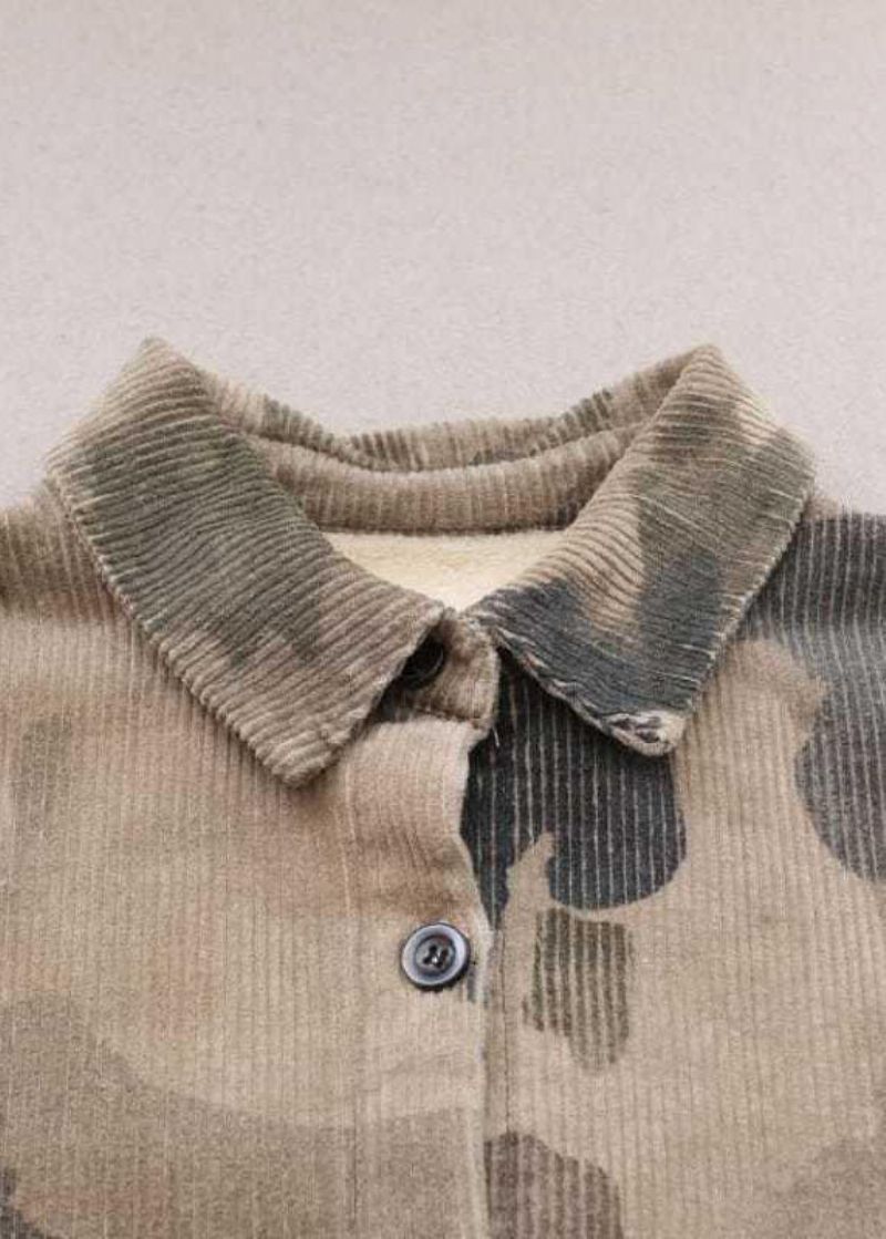 Mooie Grijze Peter Pan Kraag Print Corduroy Winterjas - Grijs