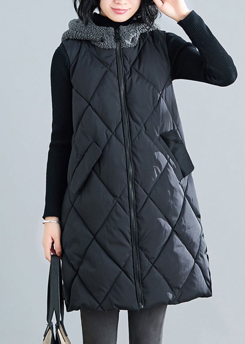 Nieuw Zwart Mouwloos Teddy-jack Met Nepbont En Patchwork-parka - Dames donsjacks