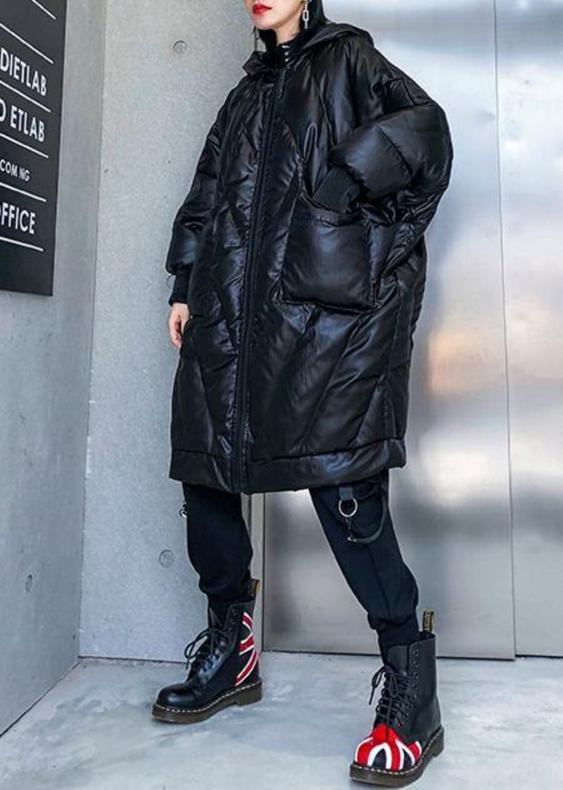Nieuwe Trendy Plus Size Winterjas Losse Winterjassen Met Capuchon Zwarte Jas Met Dikke Zakken