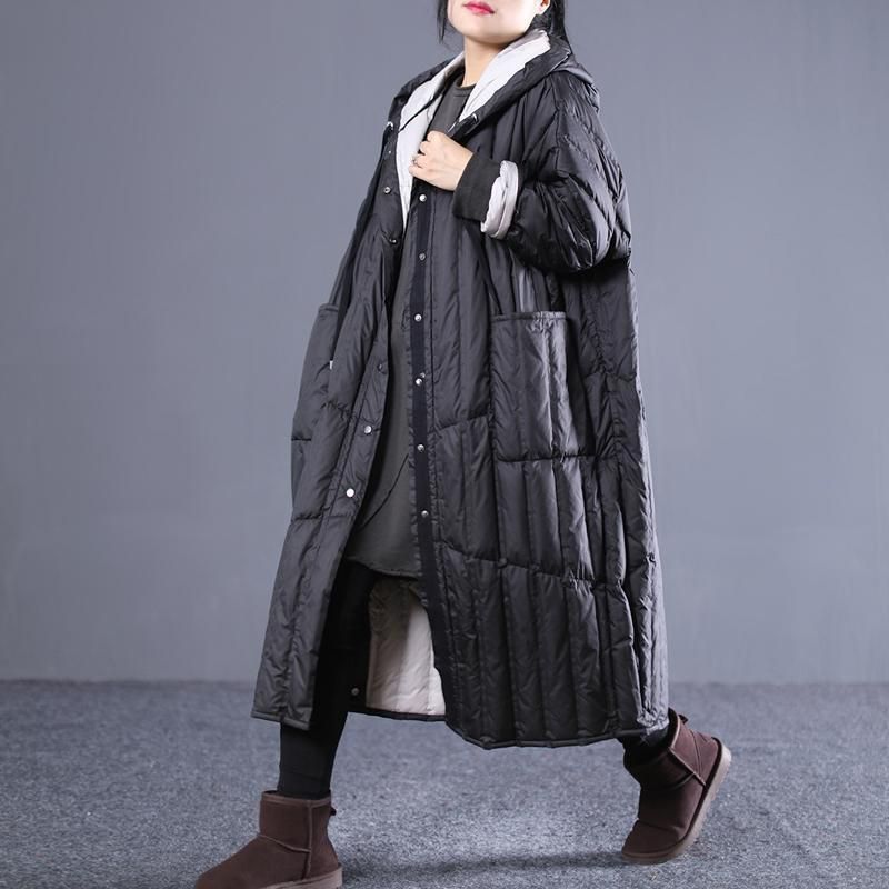 Nieuwe Zwarte Outfits Plus Size Donsjack Met Trekkoord En Capuchon. Elegante Donsjas Met Zakken - Zwart