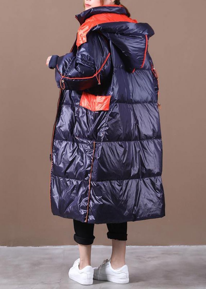 Plus Size Damesparka Overjas Donkerblauwe Patchwork Ganzendonsjas Met Capuchon - Dames donsjacks