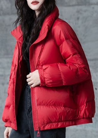 Rode Losse Eendendons Puffers Jassen Opstaande Kraag Met Ritssluiting Winter