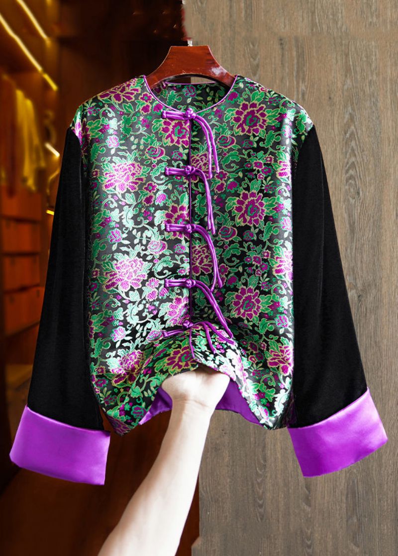 Topkwaliteit Zwart Geborduurde Knoop-patchwork Zijden Velours Parka Winter
