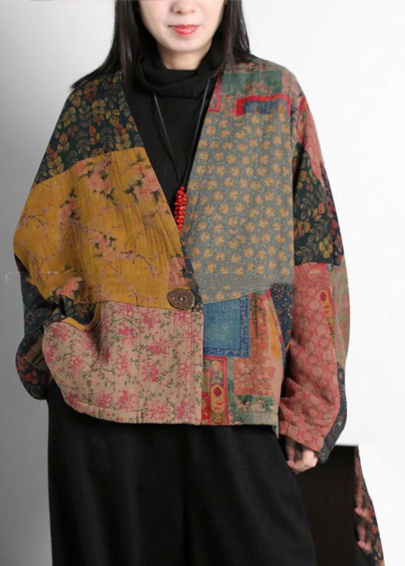 Vintage Colorblock V-hals Patchwork Print Fijne Katoenen Gevulde Jassen Vleermuismouw