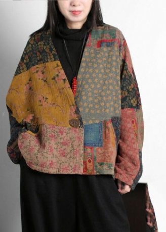 Vintage Colorblock V-hals Patchwork Print Fijne Katoenen Gevulde Jassen Vleermuismouw