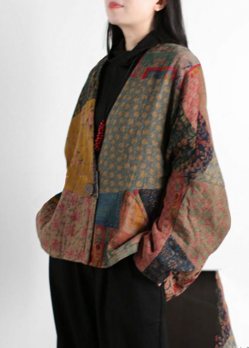 Vintage Colorblock V-hals Patchwork Print Fijne Katoenen Gevulde Jassen Vleermuismouw - Dames donsjacks