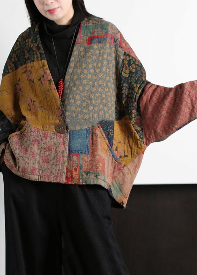 Vintage Colorblock V-hals Patchwork Print Fijne Katoenen Gevulde Jassen Vleermuismouw - Dames donsjacks