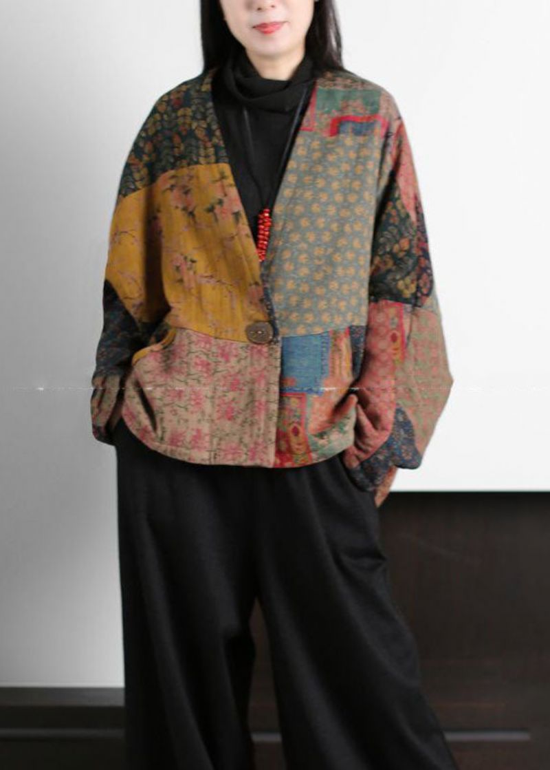 Vintage Colorblock V-hals Patchwork Print Fijne Katoenen Gevulde Jassen Vleermuismouw - Dames donsjacks