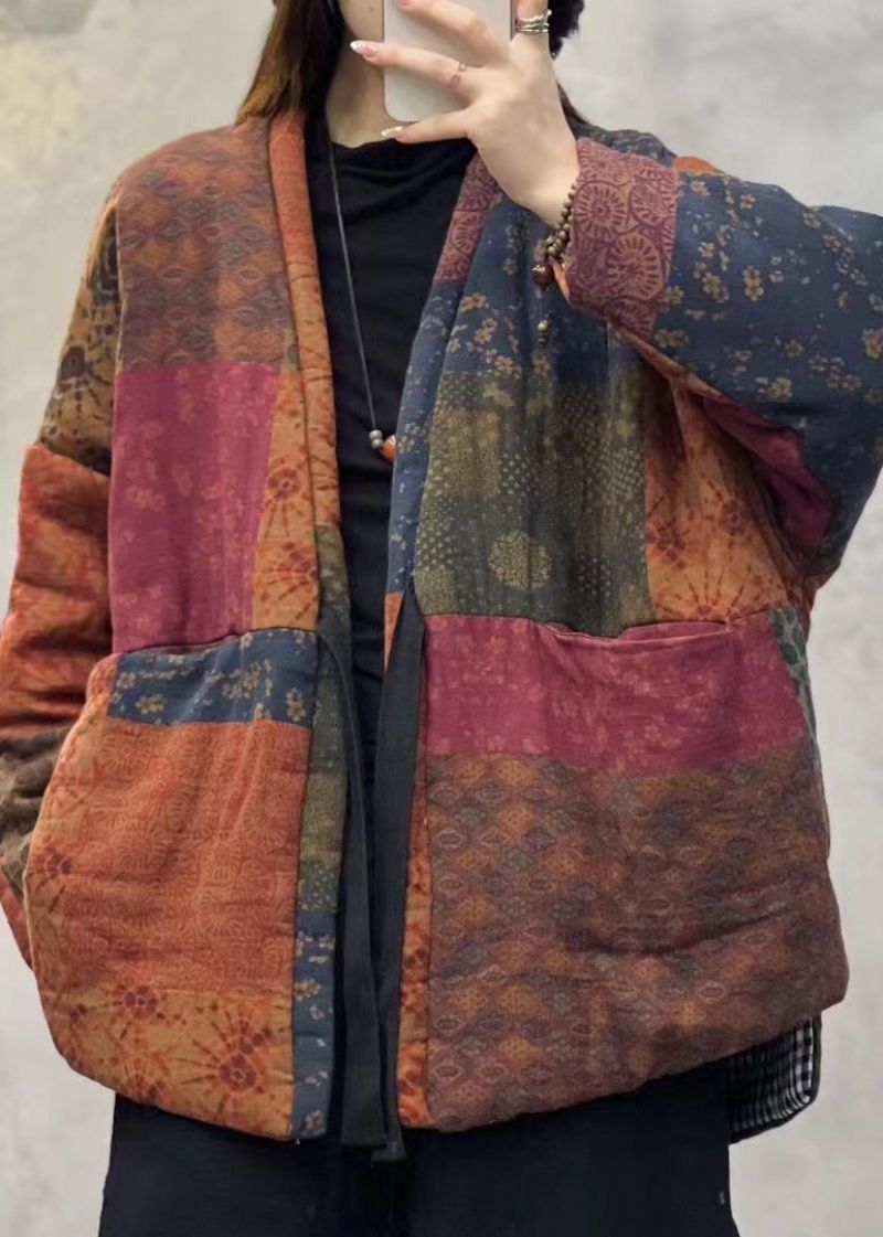 Vintage Oranje V-hals Zakken Patchwork Fijn Katoen Gevulde Jassen Winter