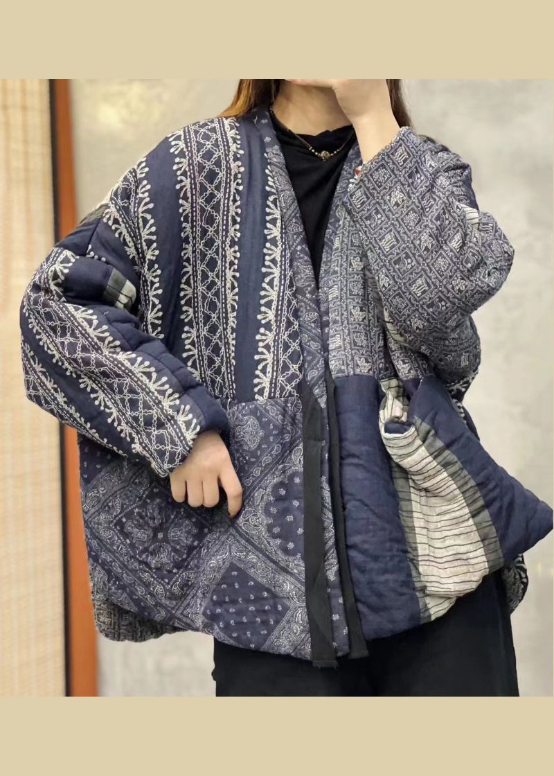 Vintage Oranje V-hals Zakken Patchwork Fijn Katoen Gevulde Jassen Winter - Dames donsjacks