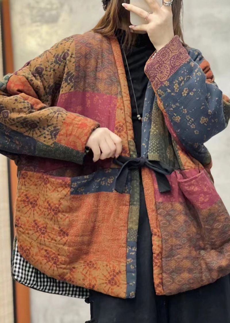 Vintage Oranje V-hals Zakken Patchwork Fijn Katoen Gevulde Jassen Winter - Dames donsjacks