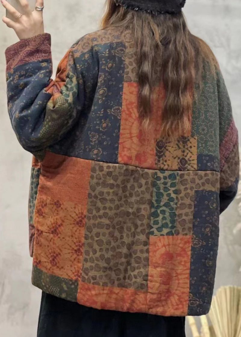 Vintage Oranje V-hals Zakken Patchwork Fijn Katoen Gevulde Jassen Winter - Dames donsjacks