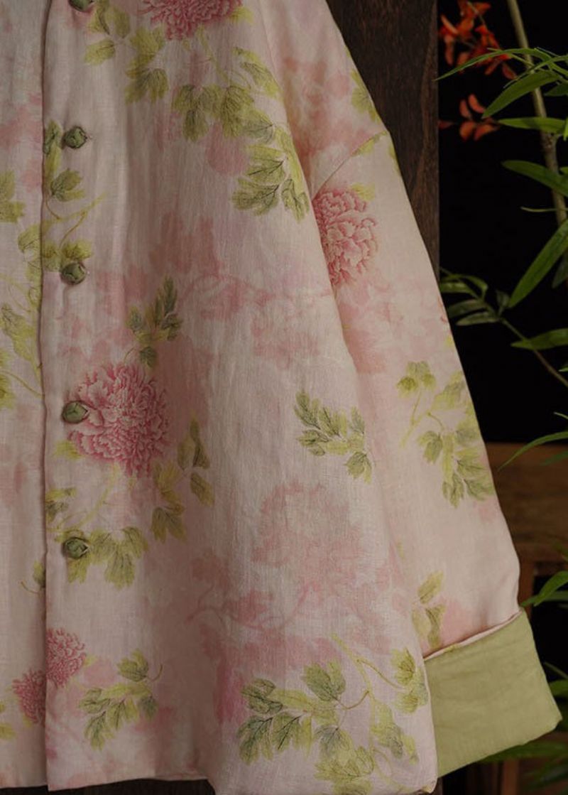 Vintage Roze O-hals Print Fijne Katoenen Gevulde Jassen Met Lange Mouwen - Dames donsjacks